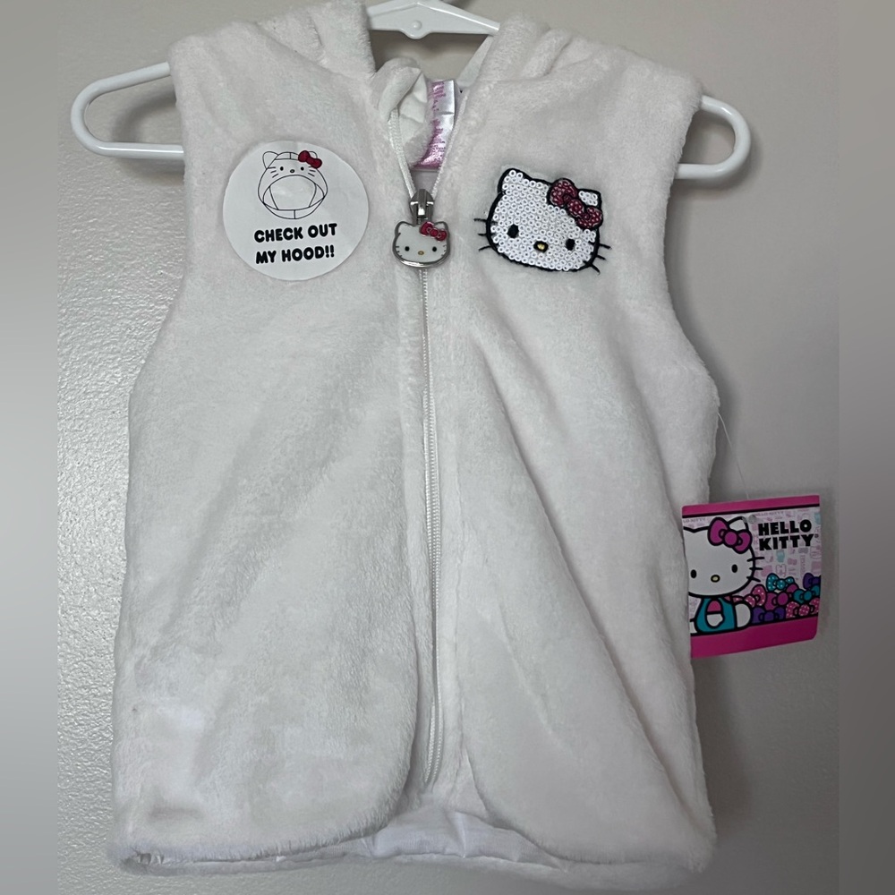 NWT! Hello Kitty Plush White Hooded Zip-Up Vest, Size 2T